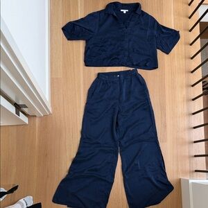 Lunya Navy Wide Leg pajama set and crop top